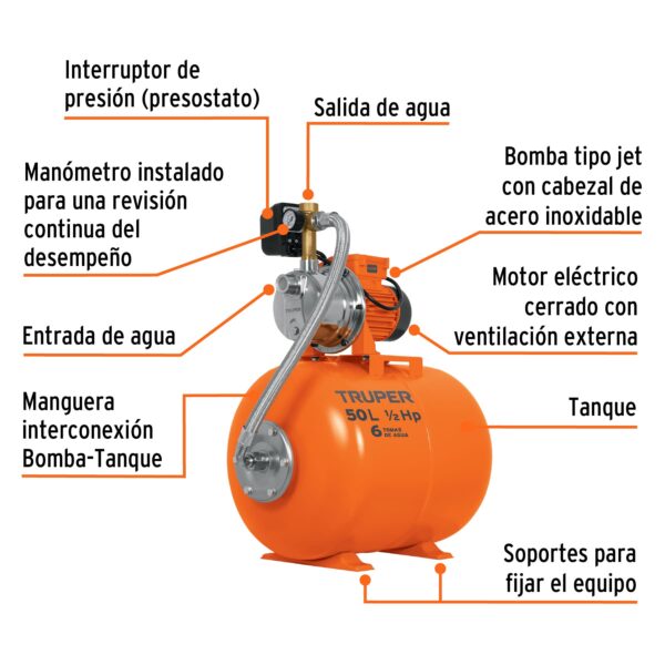Bomba hidroneumática 1/2 HP, 50 litros, Mca. Truper